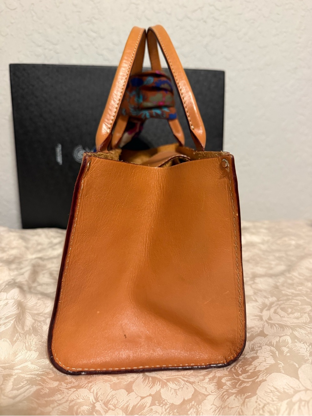 kate spade tan leather shoulder bag with floral scarf - Picture 3 of 7
